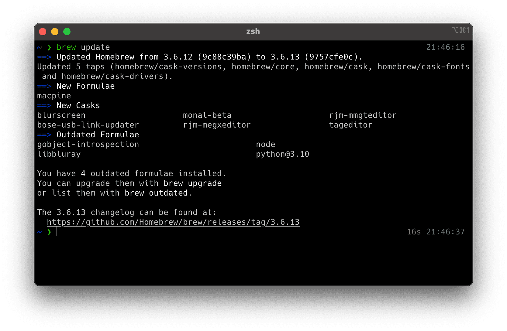 Terminal showing brew updating the Formulas stored in the Taps